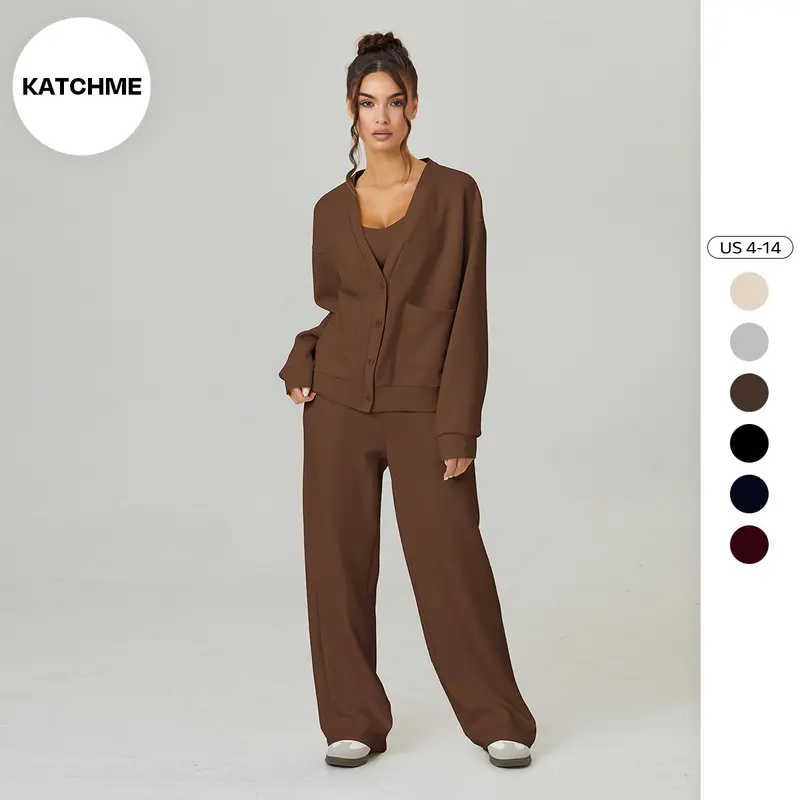 KatchMe Women's Slouchy Solid Color V Neck Long Sleeve Button Cardigan & Drawstring Waist Trousers Co-ord, Soft Two Piece Outfits for Fall & Winter(3)