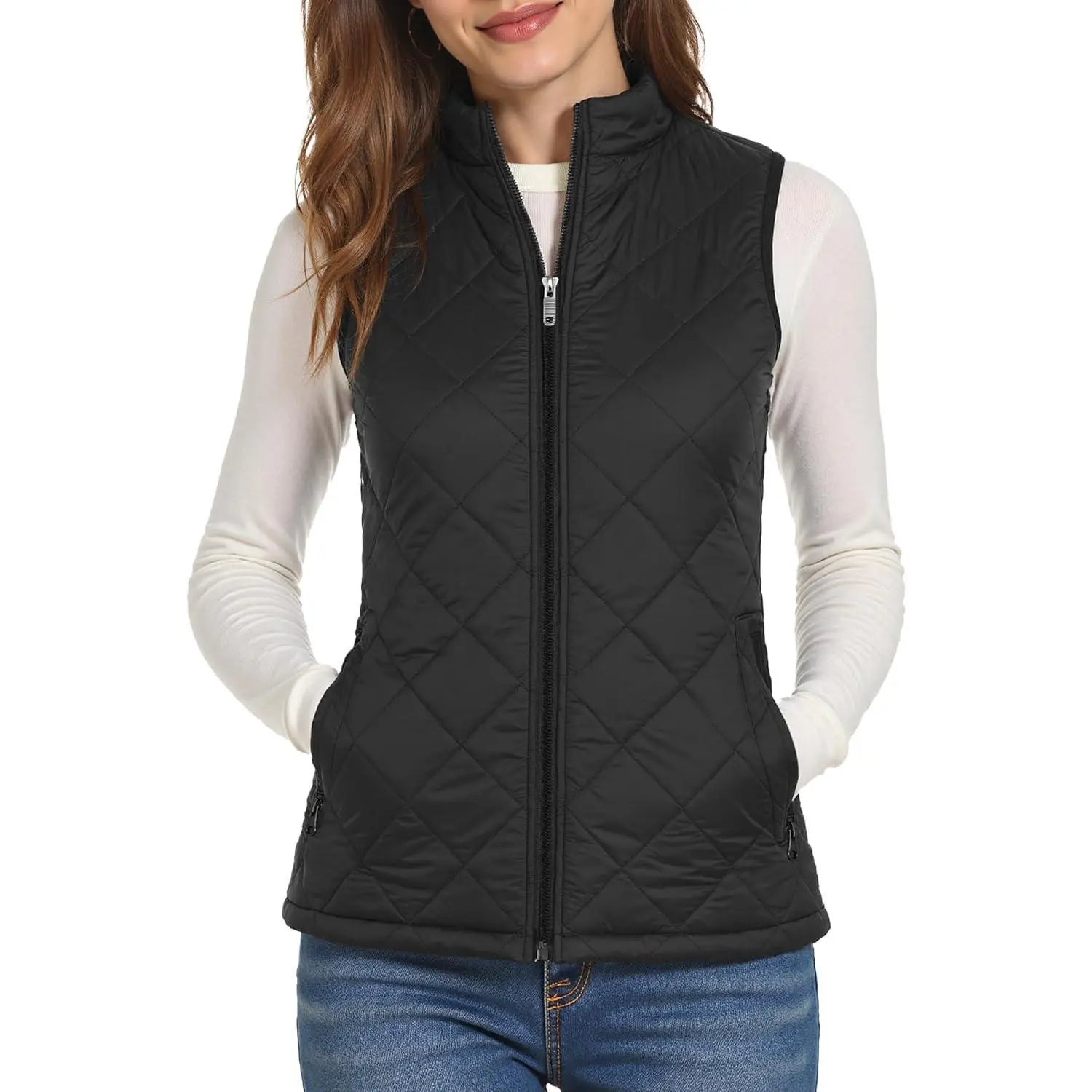 Women's Sleeveless Puffer Vest Lightweight Diamond Quilted Full-Zip Warm Outerwear with Pockets for Daily Wear