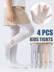 Girls' Slim-Fitting Summer Jumpsuits, Breathable Mesh Fabric, Cute & Simple Design, Ideal for Daily Wear, Pack of 4, Kids Tights