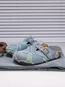 Perfect Valentine's Day Gift, Unisex All-Season Softwood Slippers, Fashionable Patchwork Star Design, Casual Denim Fabric Slide Slipper Shoes, Footwear