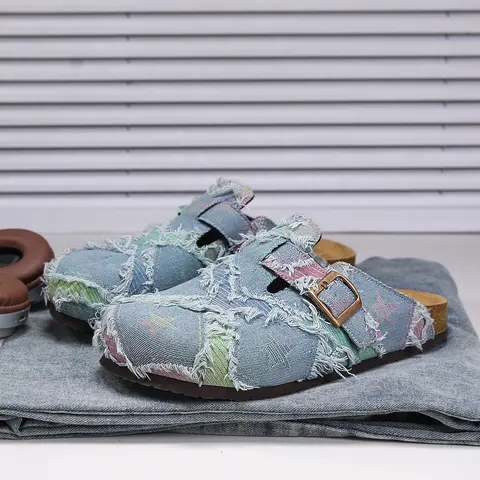 Perfect Valentine's Day Gift, Unisex All-Season Softwood Slippers, Fashionable Patchwork Star Design, Patchwork Design Slides, Casual Denim Fabric Slide Slipper Shoes, Sliders Shoes, Footwear, Trendy Casual Slippers