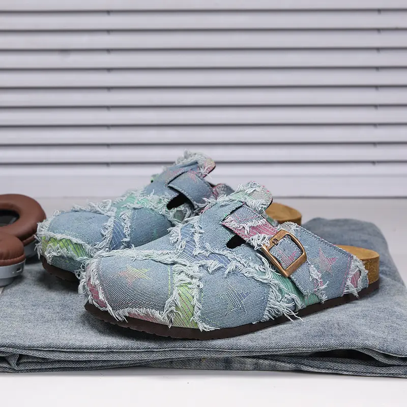 Perfect Valentine's Day Gift, Unisex All-Season Softwood Slippers, Fashionable Patchwork Star Design, Patchwork Design Slides, Casual Denim Fabric Slide Slipper Shoes, Sliders Shoes, Footwear, Trendy Casual Slippers
