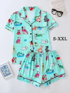 Women's Dog Print Top & Shorts Pajama Two-piece Set, Casual Comfy Short Sleeve Top & Shorts Pajama Set, Ladies Sleepwear for All Seasons, Loungewear, Womenswear, Sleep Pajamas Shorts