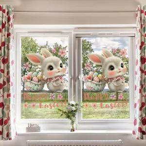 A set (30*40cm*2pcs) of Easter cute rabbits and Easter egg basket window stickers, static stickers, glass stickers for beautifying holiday home window decorations, window display decorations D16018*2