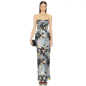Bronx and Banco Dahlia Strapless Maxi Dress in Blue Yellow Multi