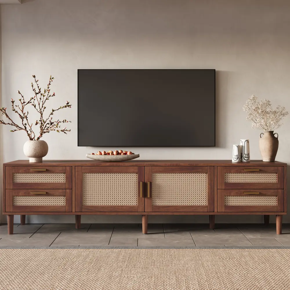 78-Inch Modern TV Cabinet Table - Rattan Weave Media Console with 4 Drawers, Solid Wood Legs, Soft-Close Hinges, Fits TVs Up to 85 Inches, Living Room Entertainment Center, Solid Wood Feet