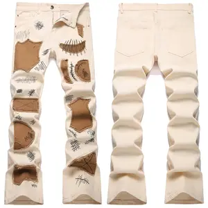 Men’s Punk Slim-Fit Flared Denim Jeans, New Streetwear Embroidered Patch Trousers, Stylish Motocross Operator Menswear Pants