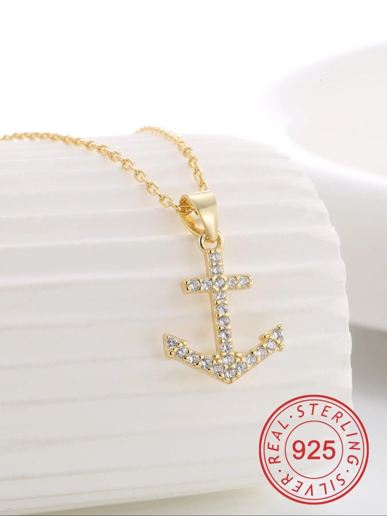 925 Sterling Silver Rhinestone Decor Anchor Pendant Necklace for Women, Fashion Jewelry for Party, Daily Clothing Decor, Trendy & Exquisite Jewelry for Gift