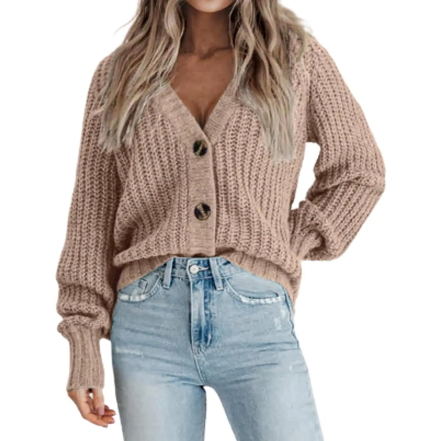 Cardigan Tops for Women, Casual Button Down V-Neck Sweater in Soft Chunky Knit Fabric with Puffy Sleeves for Layering with Skirts, Cropped, Knitwear, Comfortable