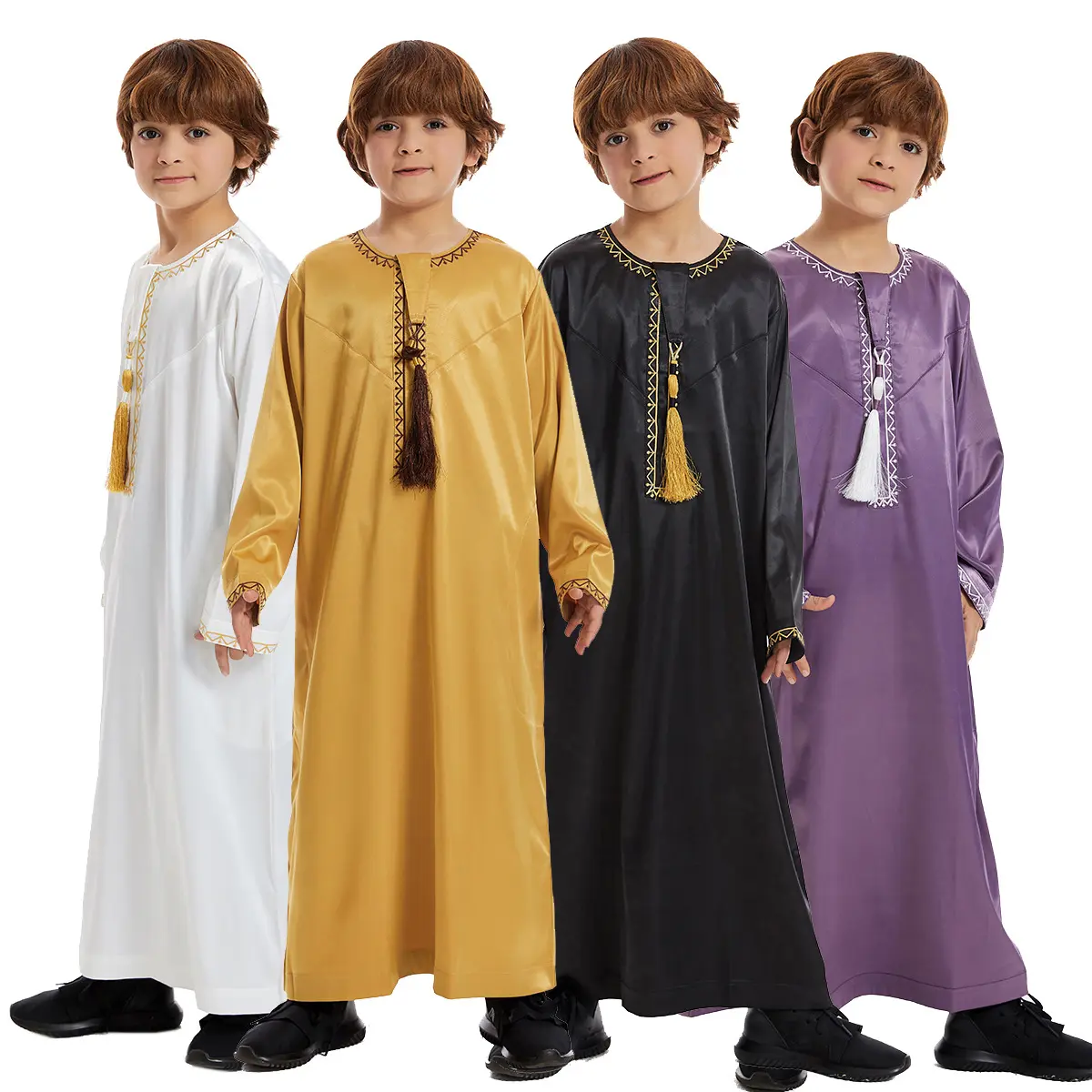 Boys' Islamic Modest Long-Sleeve Thobe - Cotton-Blend, Solid-Color, Loose-Fit Ethnic Style with Tassels, Ages 3-14, Machine Wash, Year-Round Daily Wear, Casual, Outfits