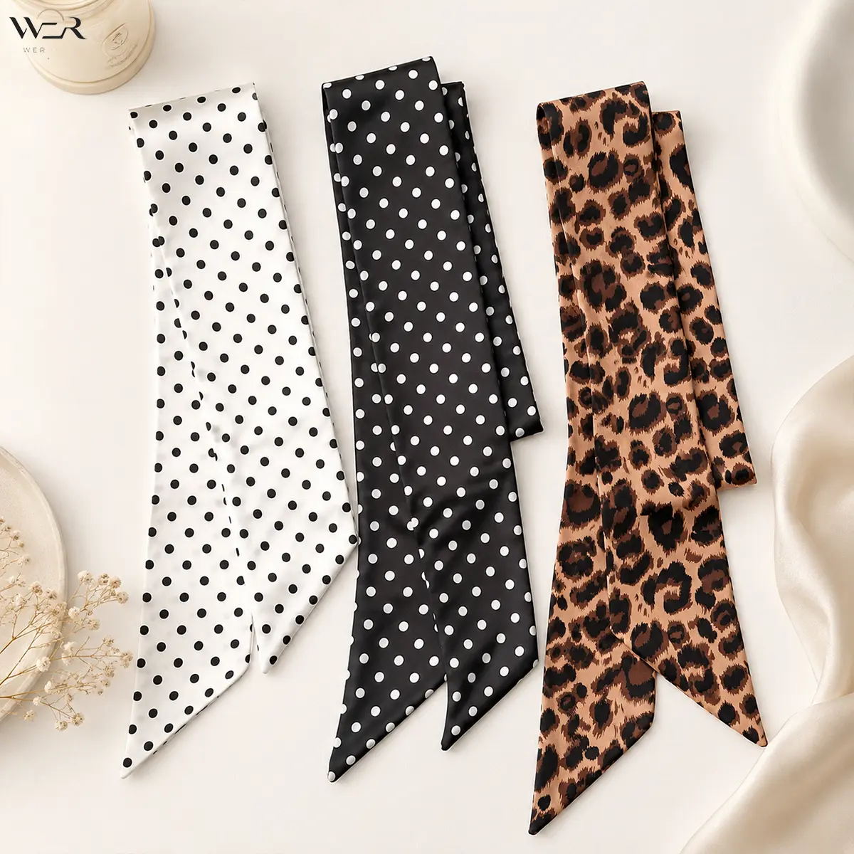 Polka Dot Scarf Leopard Print Scarf Satin Hair Ribbon Long Scarf Neck Scarf Hair Accessory for Women Everyday Wear Gift