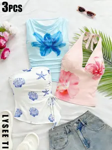 Women's Vacation Style Tank Top Set, Blue Floral Tank, Shell Strap, Peony Flower Neckline, Casual Beachwear, 3 Piece Set