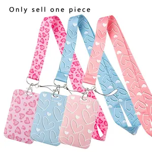 Simple Pink Heart Pattern Lanyard Keychain ID Credit Card Cover Pass USB Mobile Phone Charm Gym Neck Straps Badge Holder Women Key Holder Accessories
