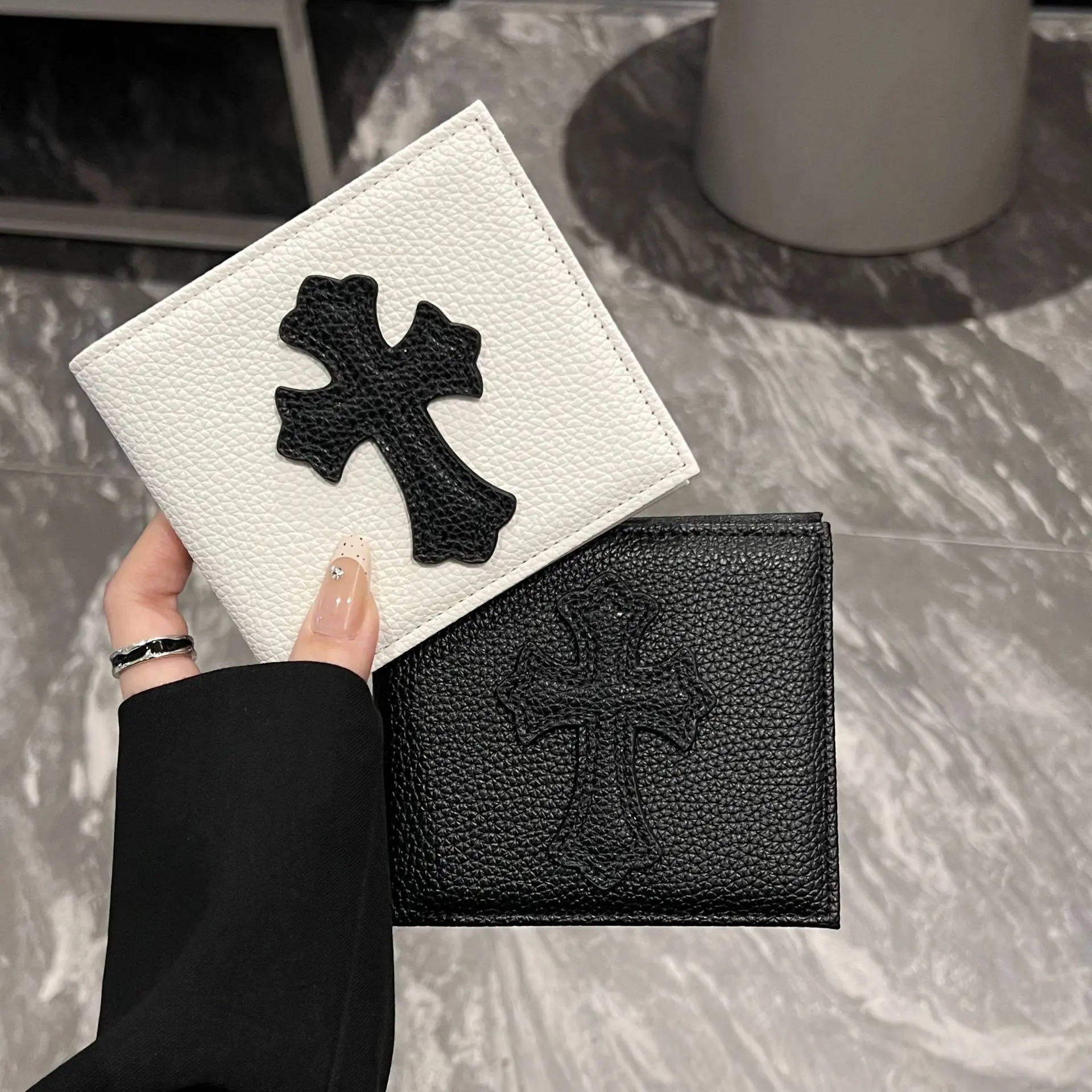 Gothic Cross Patch Bifold Wallet Faux Leather Compact Multi‑Slot ID Card Holder Purse