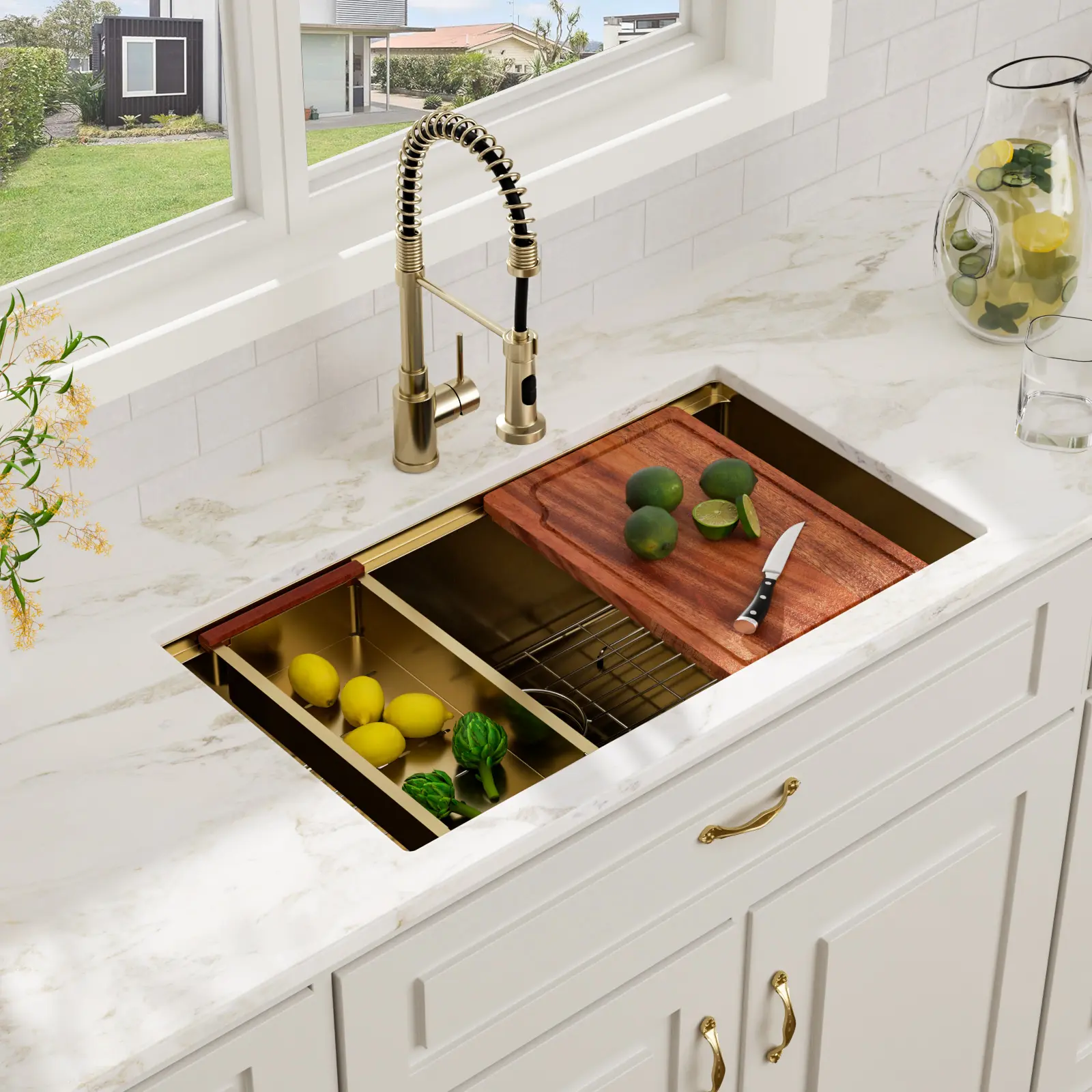 Kichae 33" x 19" Undermount Workstation Gold Kitchen Sink, 16 Gauge Handcrafted T304 Stainless Steel Large Single Bowl Under Counter Sink Complete with Kitchen Accessories