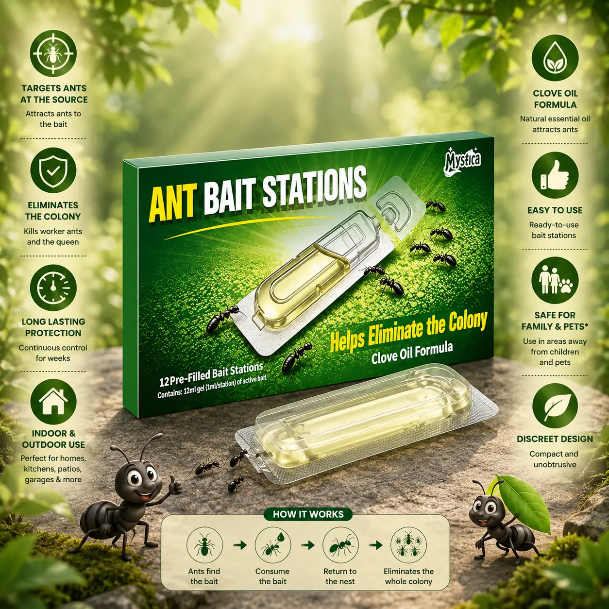 12 Count Liquid Ant Bait Stations, Spill-Resistant Indoor Ant Bait System for Common Household Ants, Ready-to-Use Ants Traps for Home, Kitchen, Bathroom & Office