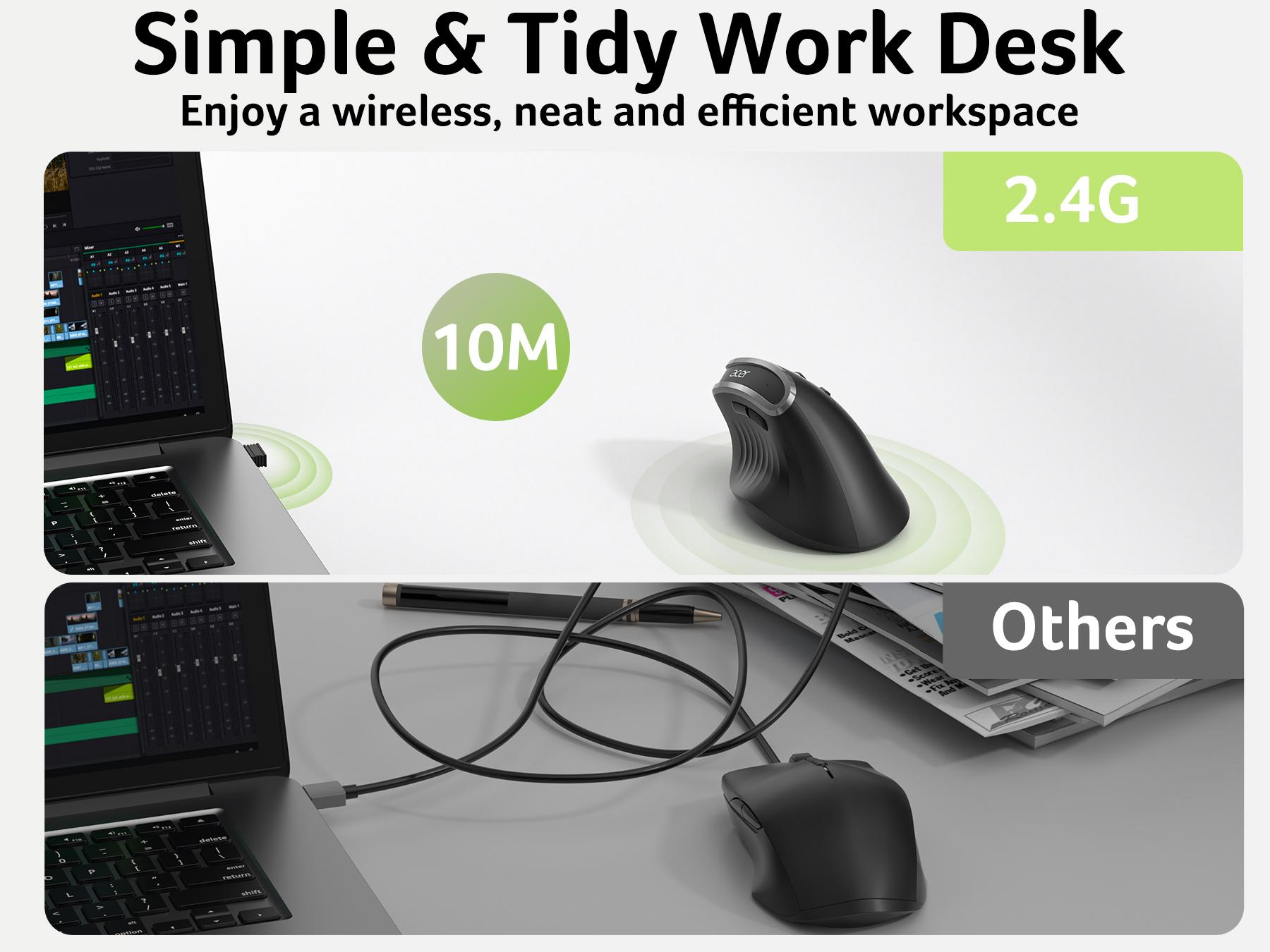 Acer Ergonomic Mouse Wireless, Vertical Computer Mouse for Office, Ergo Mice Rechargeable for Medium to Large Sized Hands, 2.4GHz USB Receiver, 800/1200/1600 DPI, 6 Buttons for Laptop, PC and Desktop