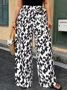Fashion Leopard Print Wide-Leg Pants with Bow Belt, Curve Plus Size Loose Casual Trousers Y2K Clothes Street Style Daily Date Wear Trendy Vacation Outfits Elegant Party Wear