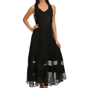 Sakkas Zendaya Stonewashed Rayon Embroidered Floral Vine Sleeveless V-neck Dress