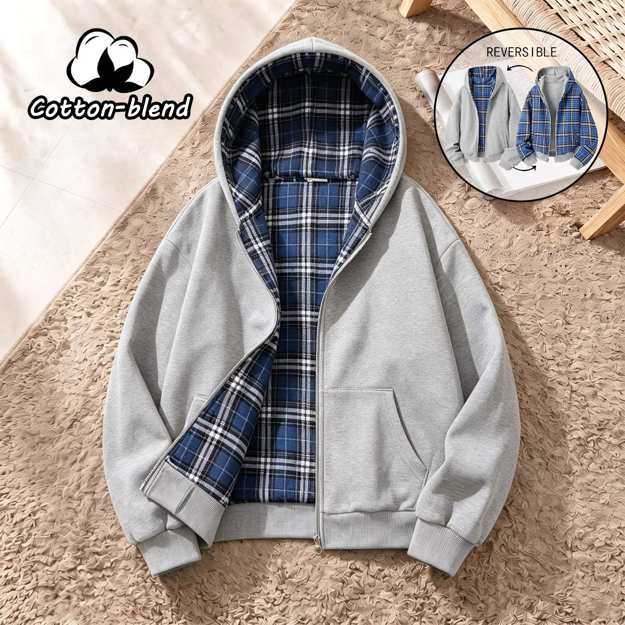 Unisex cotton-blend hooded jacket, reversible plaid hoodie, with pockets, comfortable casual retro street-style top campingessentials