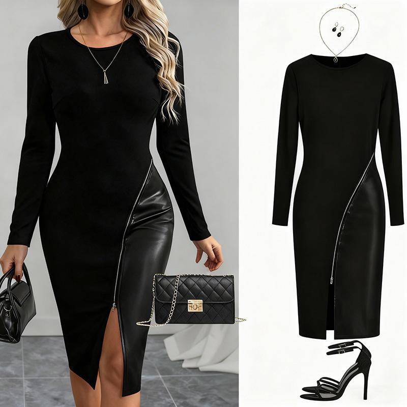 Women's Stylish Elegant Dress Slim-Fitting Figure-Flattering Long-Sleeved PU Leather Panel Zipper Closure All-Season Wear Formal Minimalist Party Workwear Womenswear