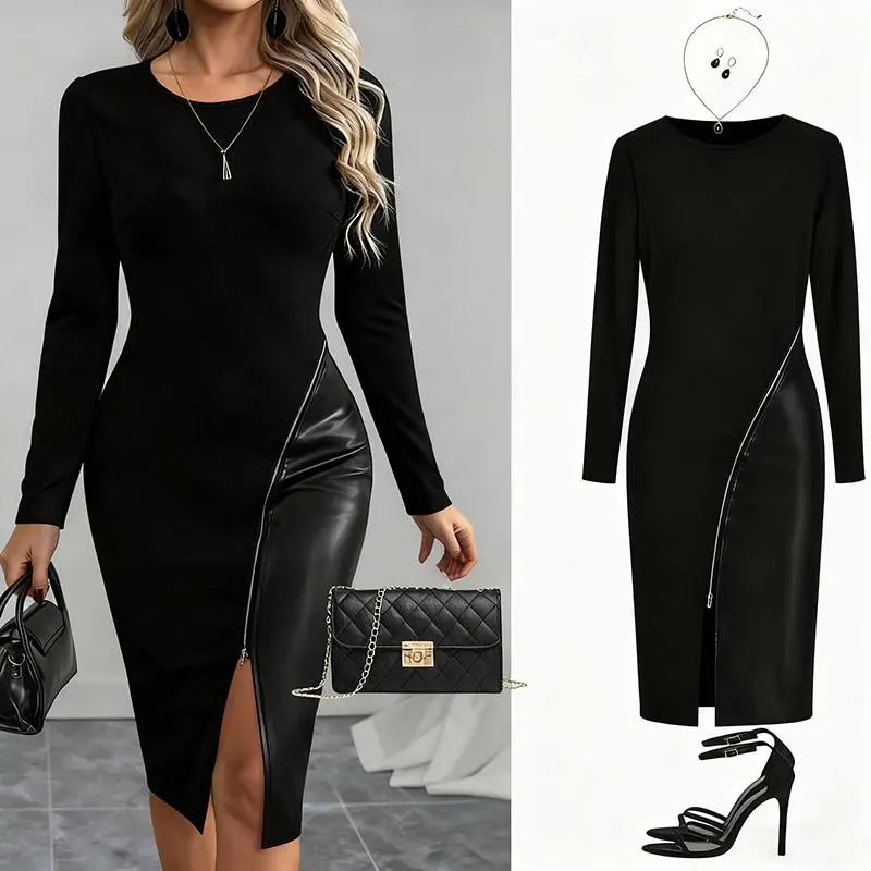 Women's Stylish Elegant Dress Slim-Fitting Figure-Flattering Long-Sleeved PU Leather Panel Zipper Closure All-Season Wear Formal Minimalist Party Workwear Womenswear