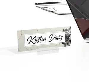 Personalized name plate for desk | white marble design on clear acrylic glass | custom office decor nameplate sign | personalized gift