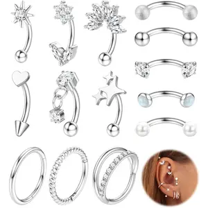 DB- 16G Ear Cartilage Piercing Jewelry, Medical Grade Steel Vertical Lip Stud, Gold Eyebrow Stud, Ear Cartilage Earrings, Women's Cartilage Bend Barbell Ear Cartilage Surface Tragus Piercing Jewelry, 14-Piece Pack-DB