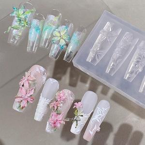 3d flower & butterfly design silicone nail art mold, 1 box diy nail art decoration mold, nail art tool for women & girls, handmade acrylic nails, glitter decorative nails, glitter rhinestones