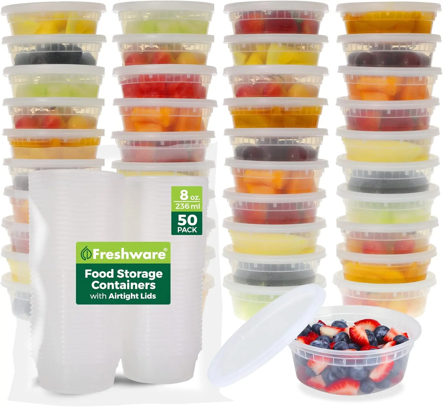 FRESHWARE 50-Set 8oz Airtight Lid Plastic Food Containers - BPA-Free, Stackable, Leakproof Reusable Lunch Containers for Meal Prep & Portion Control, Microwave/Dishwasher/Freezer Safe