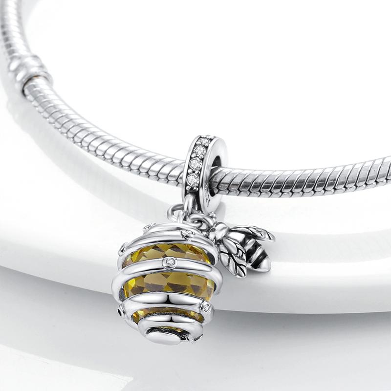 MULA 925 Sterling Silver Honeycomb Bee Charm | Shiny Zirconia | Suitable for Pandora Bracelets and Necklaces | Perfect Gift for Nature Lovers and Women