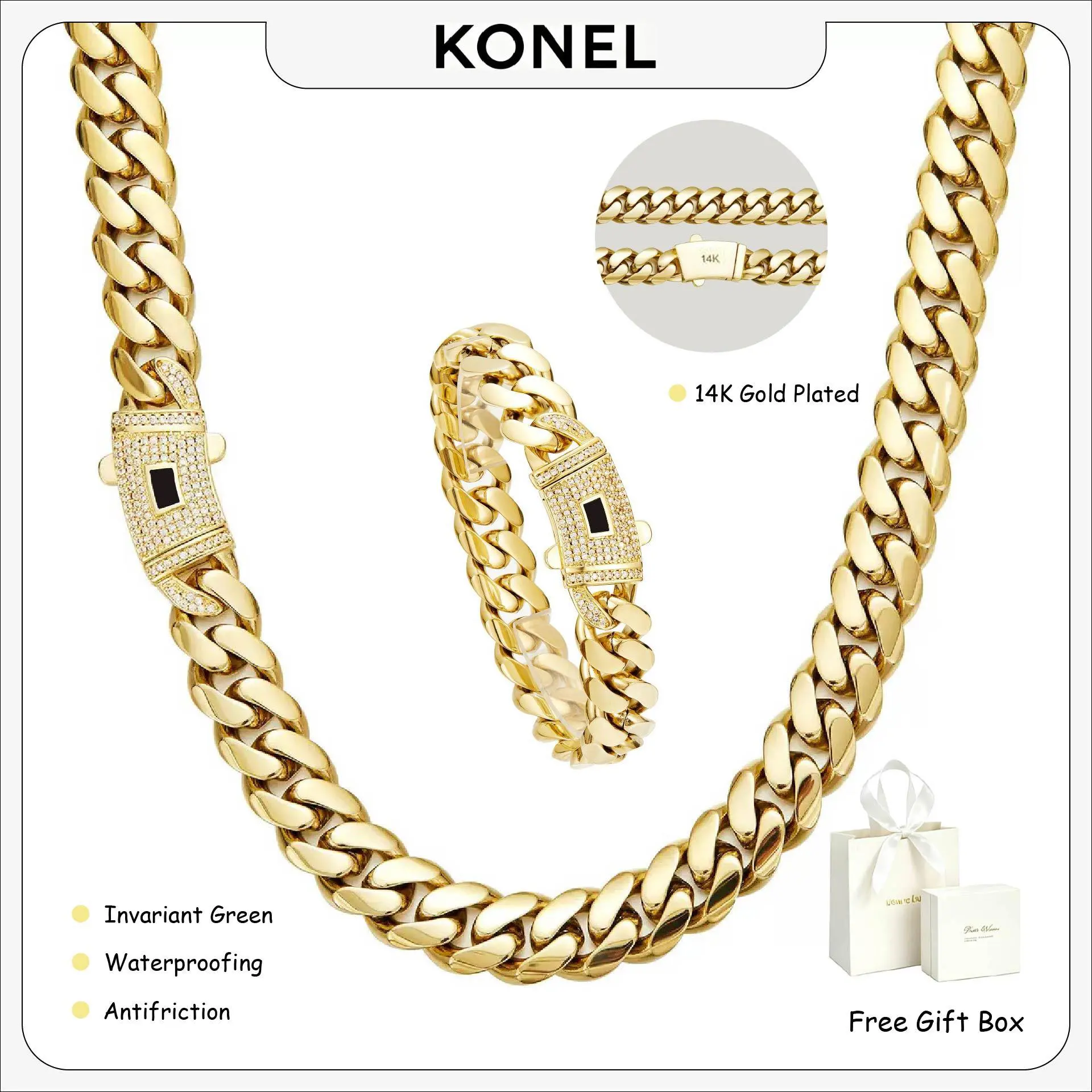 KONEL [Set] 14K Real Gold-Plated Royal Monaco Cuban Necklace,Hypoallergenic Gold Plated Cuban Link Chain. Essential Fashion Items for the Back-to-School Season