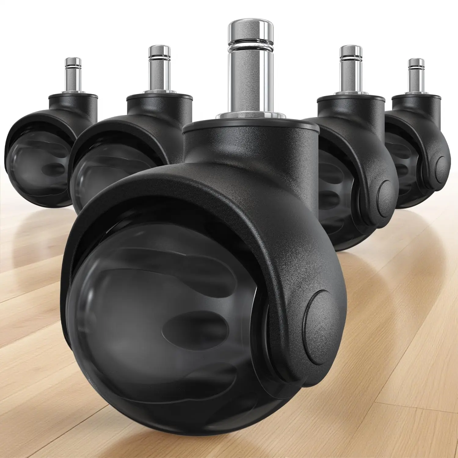 Office Chair Wheels Replacement 11x22mm Universal Fit 2 Inch Rubber Heavy Duty Casters for Carpet Hardwood Floors Gaming Desk Chair Roller Wheels Set of 5 Black Ball Casters Smooth & Silent