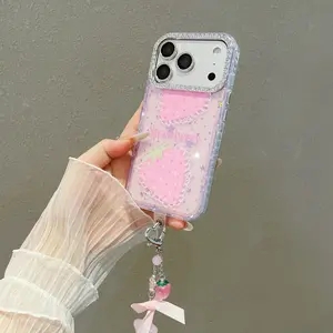 Starry Strawberry Protective Phone Case with Detachable Bow Charm, Fits iPhone 14/15/16/17 Pro/Pro Max, Valentine Gift, Girl-Heart Style