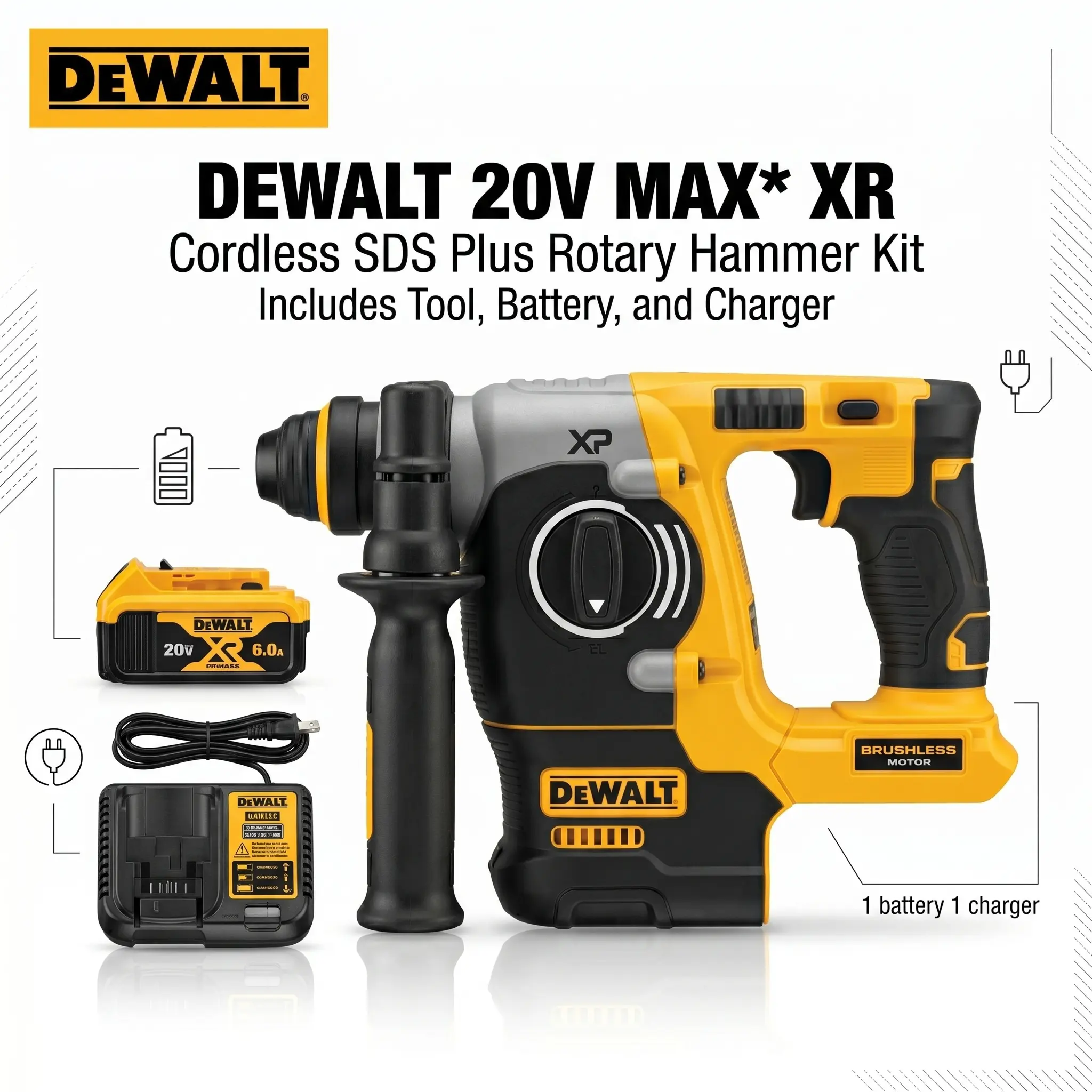 DeWalt DCH273 20V SDS-Plus Brushless L-Shape Rotary Hammer - Brushless Power Tool, Wireless Drill Set, 2.1 J Impact Energy, 1100 RPM/4600 BPM, 3-Mode Operation, SHOCKS Active Vibration Control, for Concrete Drilling, Anchor Installation