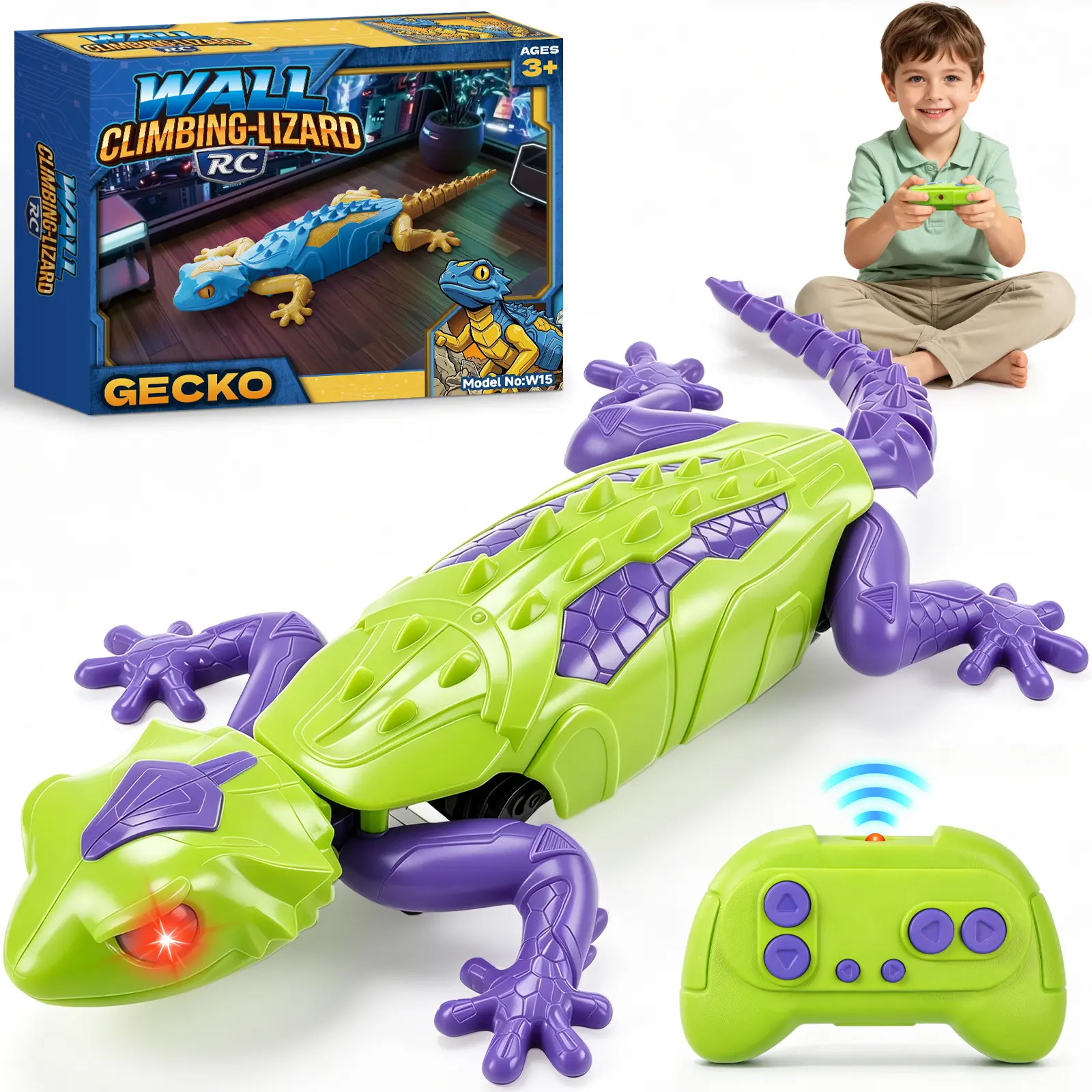 RC Wall Climbing Toy, Realistic Gecko Design Remote Control Stunt Vehicle, Interactive Climbing Toy with Lights for Kids
