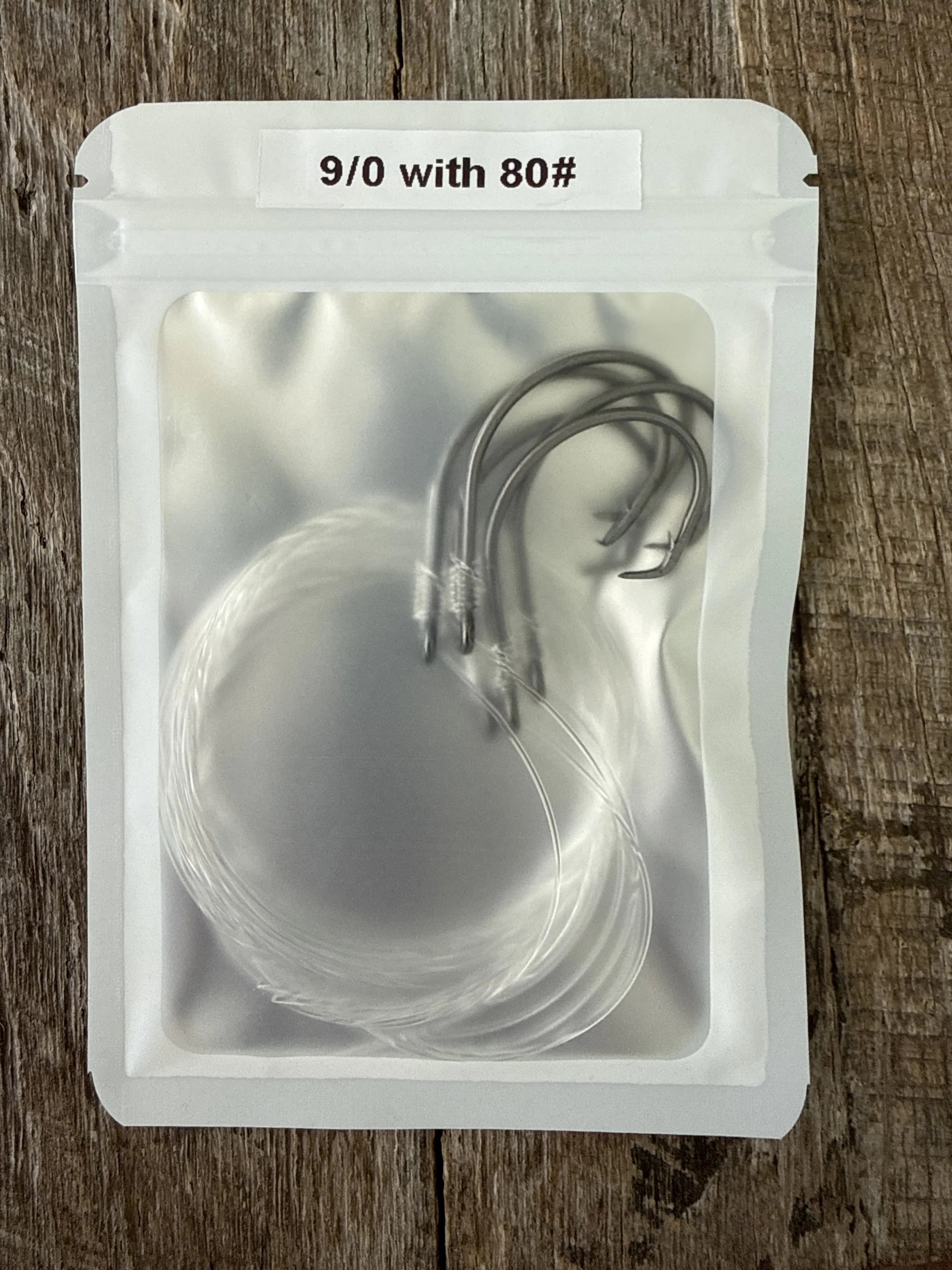 Snelled Circle Hooks- Packs of 5 each.  Eagle Claw 9/0 2004ELF hooks with 80lb Jinkai Leader snelled to each hook