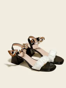 Women's High Heel Sandals, 6cm Chunky Heel, Electroplated Chain Strap, Comfortable Buckle, Work Leather Shoes, Simple Design