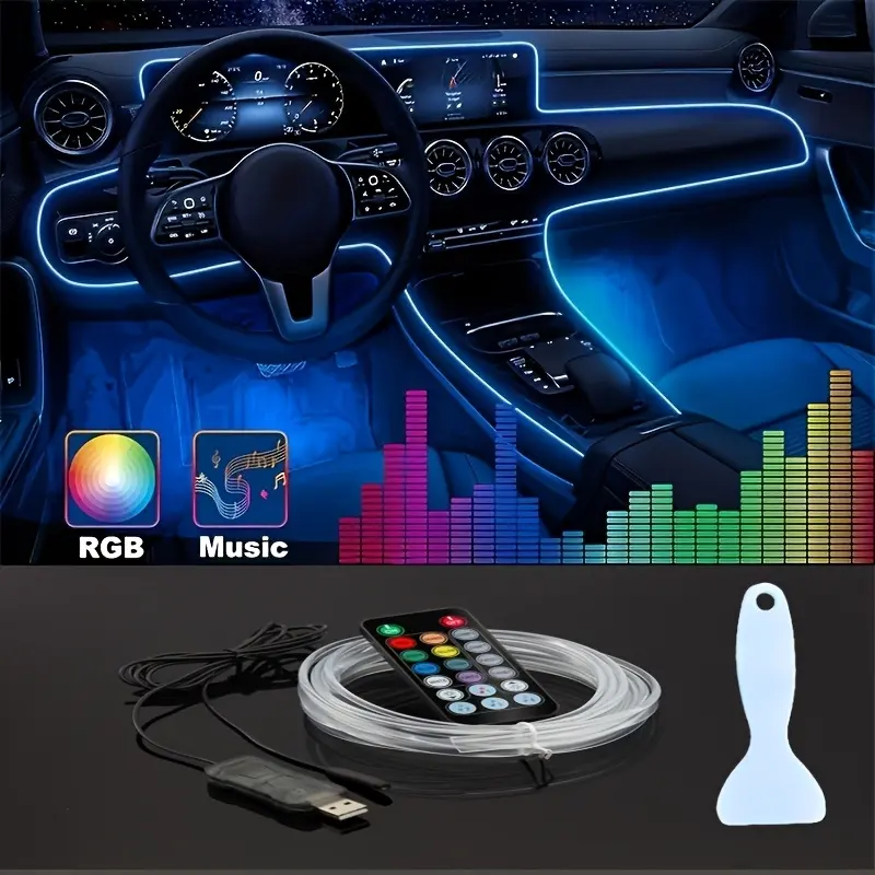 118-inch RGB Automotive Interior Lighting Kit - USB Power Supply, App Control, with Music Synchronization And Fiber Optic, Suitable for Dashboard And Car Doors, Battery-free, Enhancing The Overall Atmosphere Of The Car