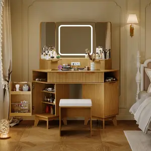 Corner Makeup Vanity Desk with HD Tri-Fold Mirror, Modern Fluted Panel Design, Clear Tempered Glass Top, Spacious Storage, Space-Saving Corner Fit, Glam Makeup Table for Bedroom & Bathroom