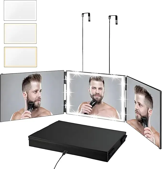 Adjustable LED Light 3 Way Mirror, Portable Trifold Mirror for Shaving, Grooming, Hair Styling, Dye Hair, Makeup, Braiding, 360 Degree Mirror