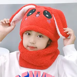 Winter Cartoon Rabbit Coral Velvet Cap Plush Balaclava Kids Caps Double Fleece Baby Scarf Hat Children