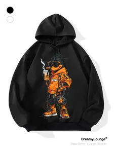 Classic Cartoon Duck Print Hoodie, Loose Fit Casual Sweatshirt, Breathable Sportswear for Daily Home Use, Outdoor Wear