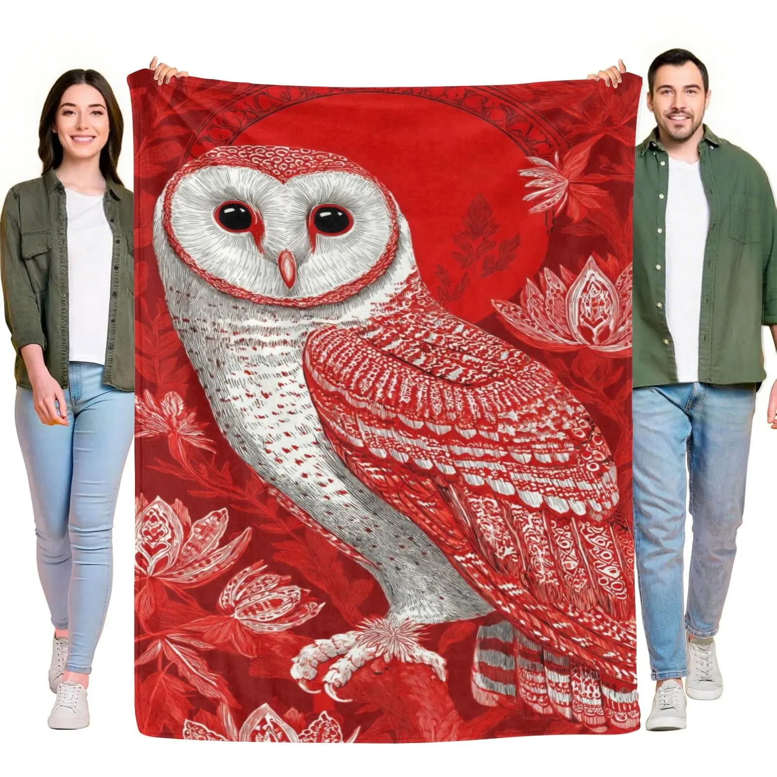 Flannel Throw Blanket Red White Barn Owl Floral Lotus Pattern Blanket Soft Lightweight Cozy Sofa Bed Throw Blanket Vintage Woodcut Art Home Decor Gift