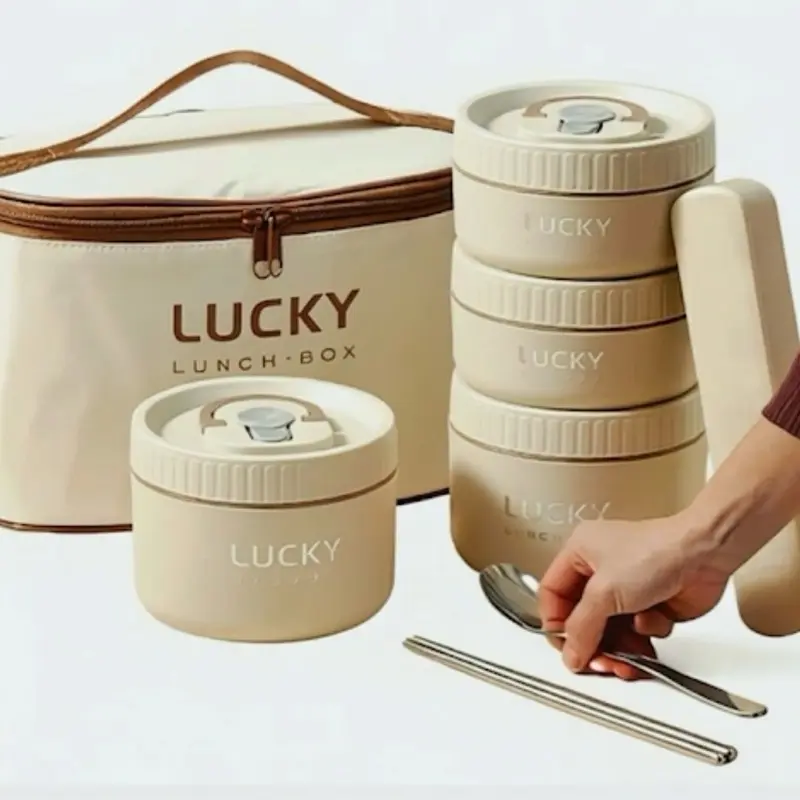 Stainless Steel Insulated Lunch Box Set Leak-Proof 4-Compartment Bento with Bag Spoon & Chopsticks for Hot & Cold Food