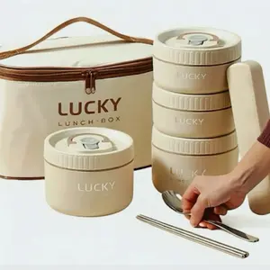 Stainless Steel Insulated Lunch Box Set Leak-Proof 4-Compartment Bento with Bag Spoon & Chopsticks for Hot & Cold Food