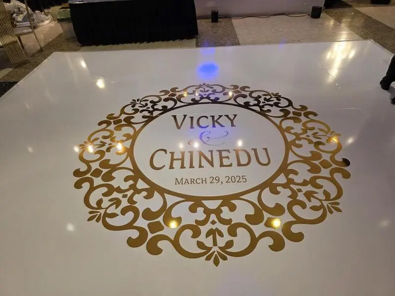 Complete Custom Decal Dance Floor Wrap Glossy White Removable Vinyl with Printed Monogram Logo Initials Names Waterproof Personalized Sticker for Wedding Decorative Ornaments