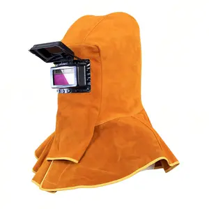 Leather Welding Helmet with Auto-Darkening Lens – Full Head & Neck Protection Hood for Arc Welding & Torch Cutting