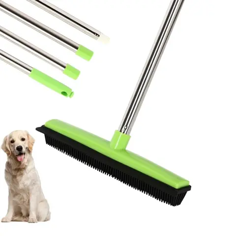 Long Handle Rubber Broom with Shaver, Pet Hair Removal Broom, Pet Hair Remover for Carpet, Floor, Window, Cleaning Tool, Dog Stuff, Dog Accessories, Deshedding Tool, Shedding Grooming Kit, Cleaner