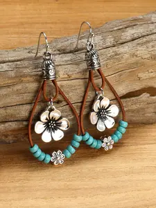 1pair Bohemian Style Alloy Plum Blossom Pendant With Turquoise Beads Earrings, Double Layer Dangle Earrings, Vintage Fashionable Jewelry, Teardrop Rope Earrings, Double Layer Dangle Earrings, Vintage Fashion Earrings